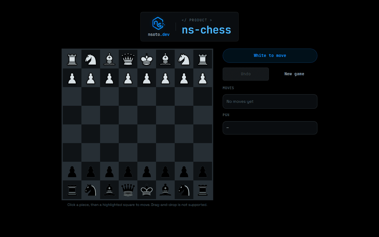 ns-chess board and move panel on a dark canvas